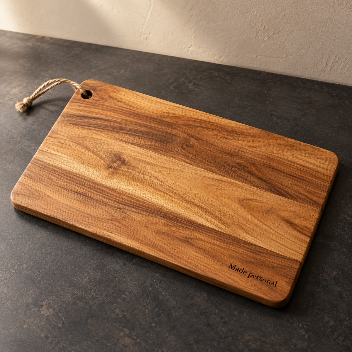 AI-generated illustrative design example of personalised acacia chopping board; actual grain, size and engraving are agreed for the order