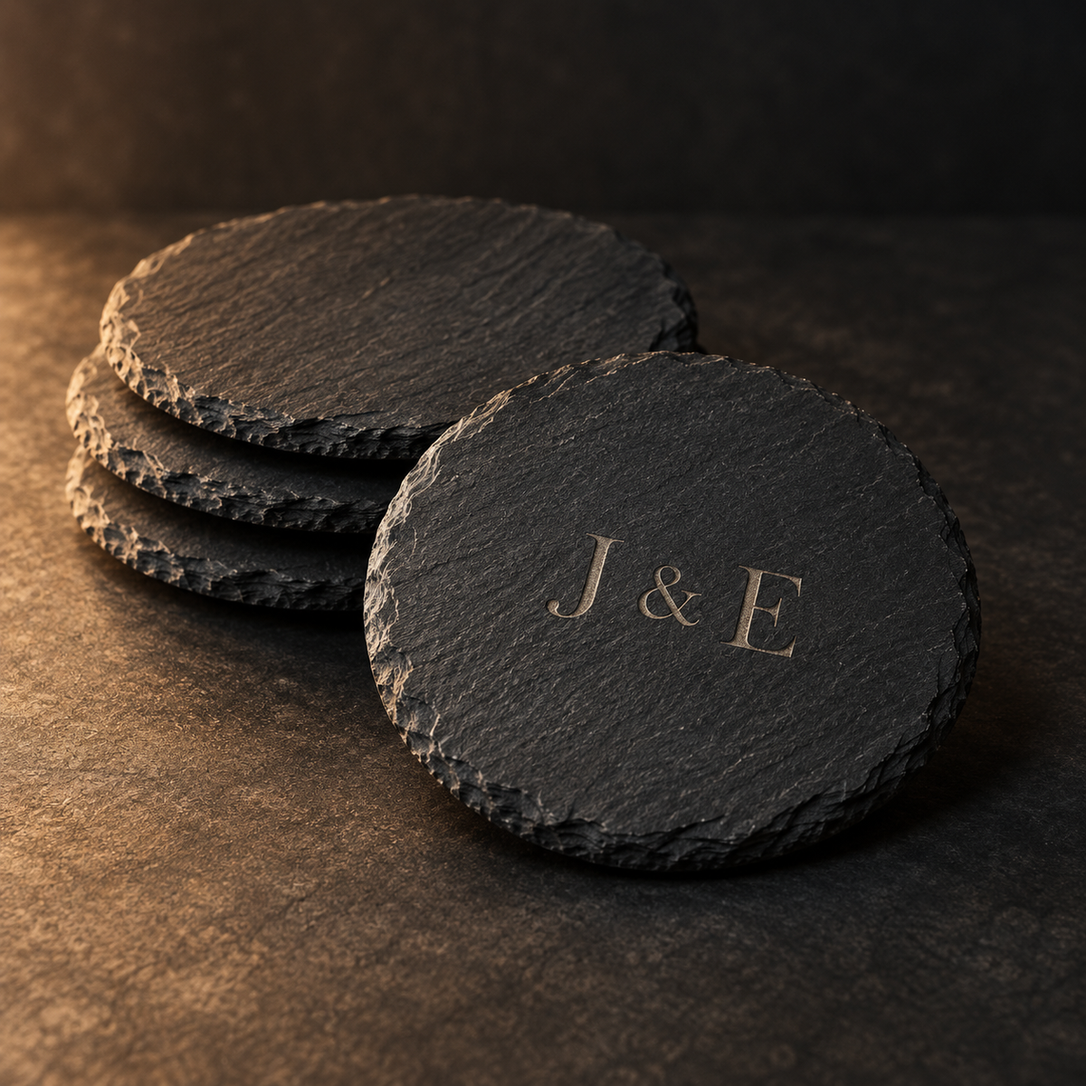 Illustrative design concept for personalised slate coasters; final product photography pending