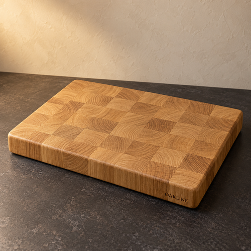 AI-generated illustrative design example of bespoke oak end-grain chopping board; actual grain, size and engraving are agreed for the order