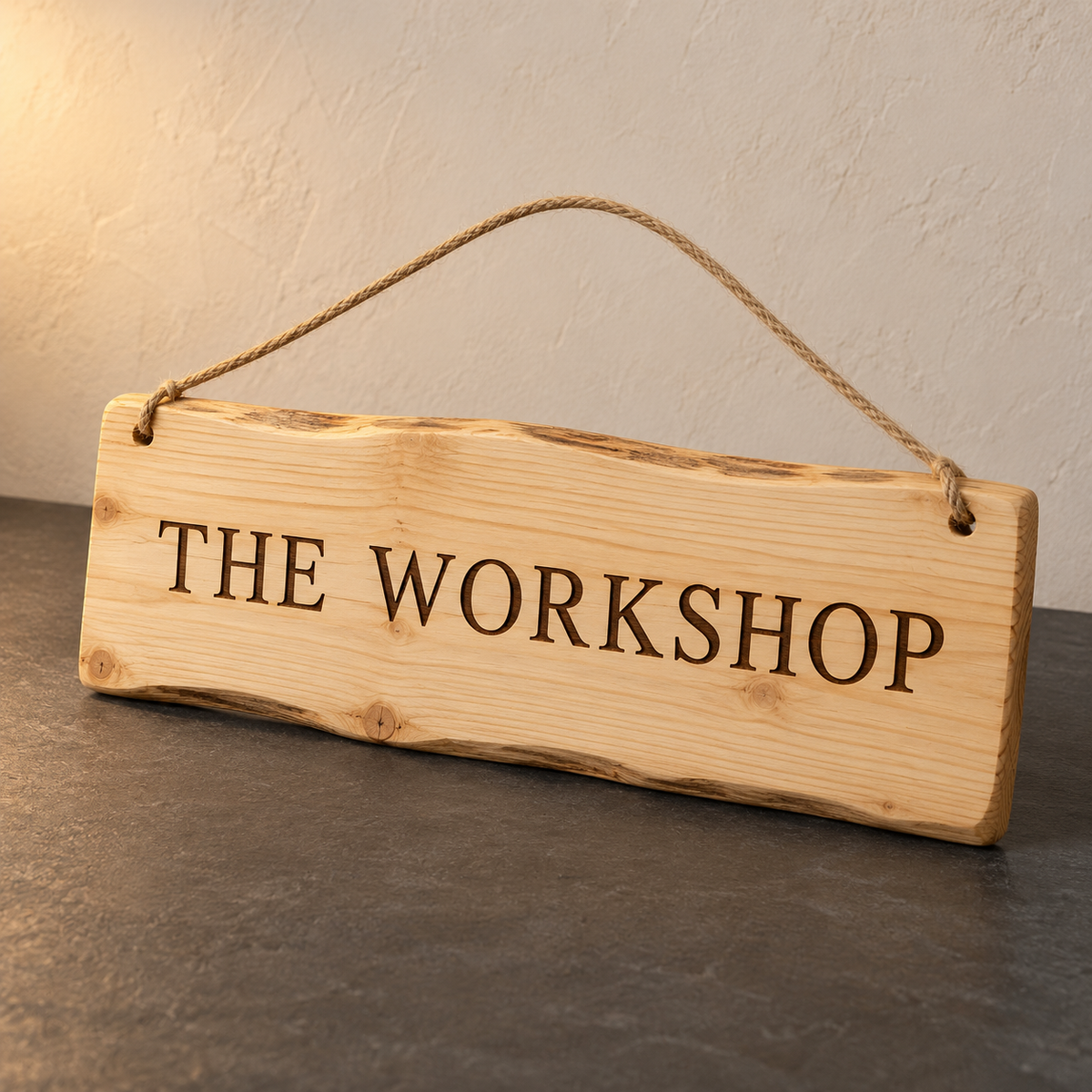AI-generated illustrative design example of personalised pine hanging sign; actual grain, size and engraving are agreed for the order