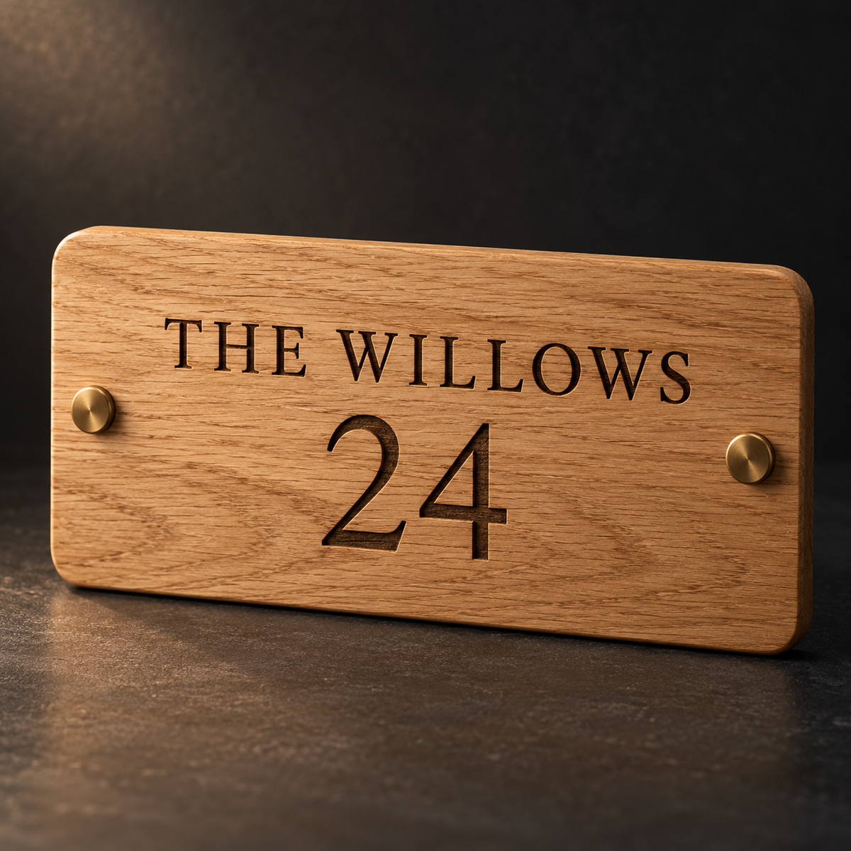 Illustrative design concept for an oak house sign; final product photography pending