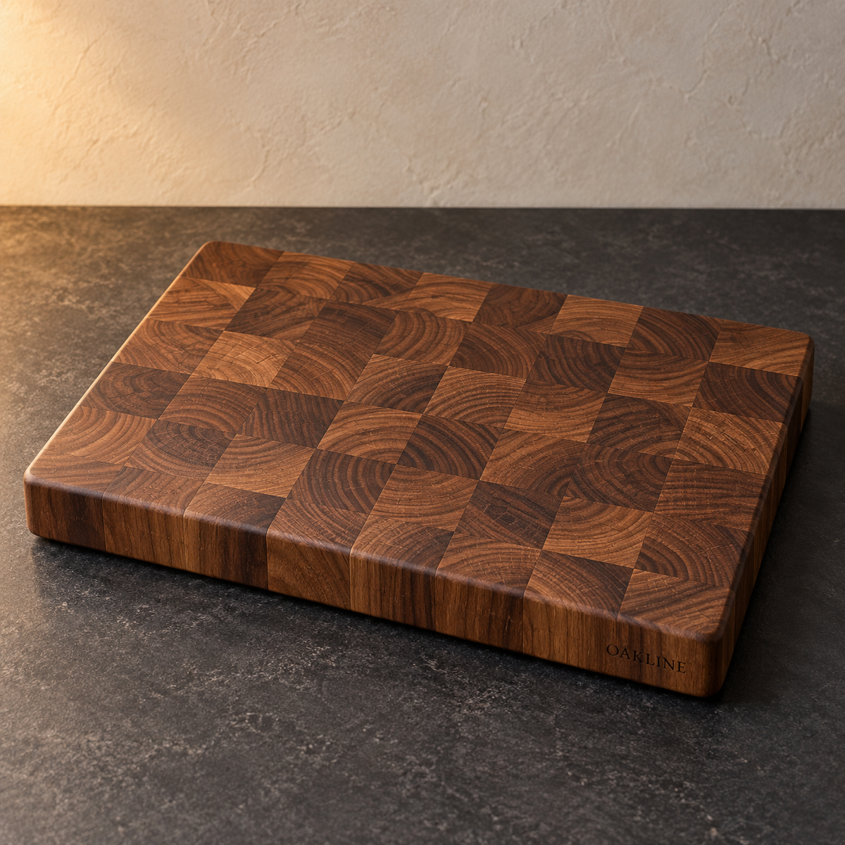 AI-generated illustrative design example of bespoke walnut end-grain chopping board; actual grain, size and engraving are agreed for the order