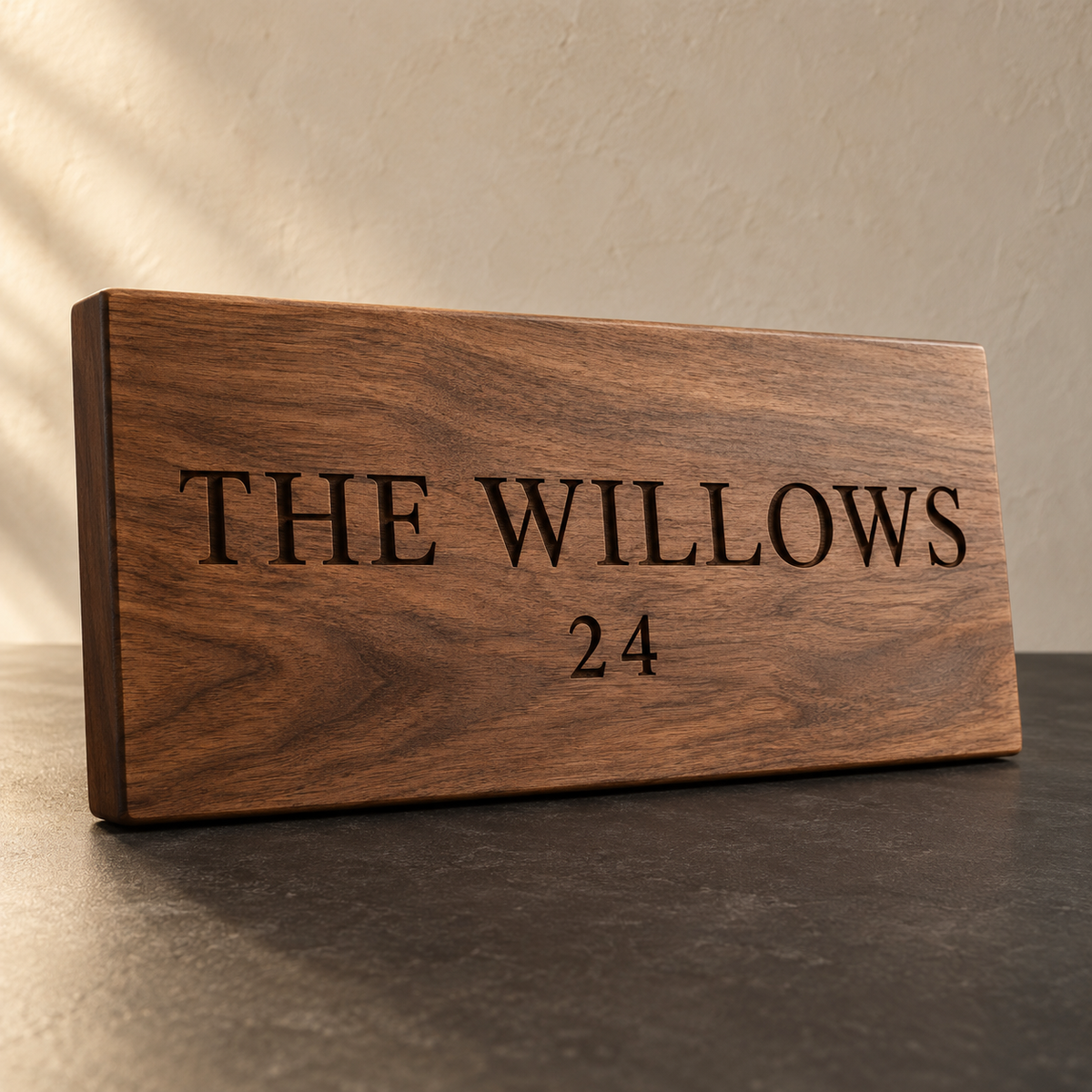 AI-generated illustrative design example of bespoke solid walnut name sign; actual grain, size and engraving are agreed for the order